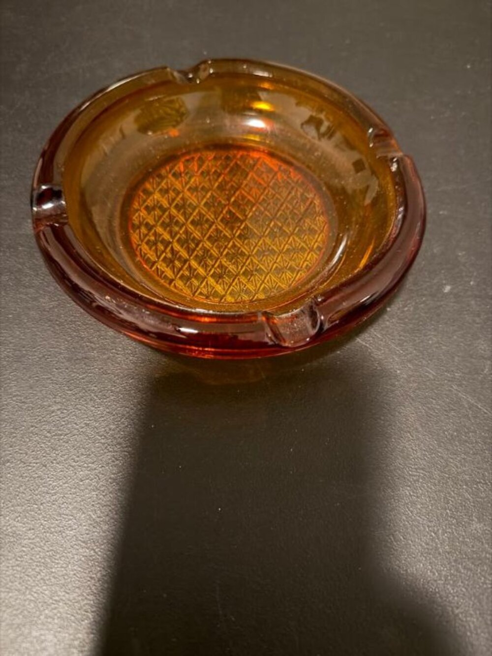 Amber Glass Round Ashtray MCM Diamond Waffle Pattern Vintage 6" - Lot26-32